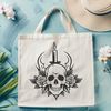 Elegant Skull Illustration with Rose A decorative illustration of a skull surrounded by a rose, with subtle shading and intricate details.