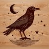 Halloween Night Sky Scene with Bat and Raven A dark-illustrated witch surrounded by bats and a raven, set against a spooky night sky.
