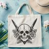 Elegant Stylized Skull Silhouette A stylized Gothic skull design featuring a rose above the skull's forehead and a dagger crossed behind its jaw.