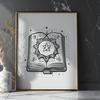 A young woman in a long black dress studies a spell book surrounded by candles and mysterious artifacts.