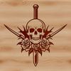 Gothic Rose and Dagger Stylized Skull Illustration A stylized skull illustration with a rose and dagger motifs, suitable for Halloween decorations.