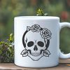 Intricate Rose Adorned Skull Clipart A stylized, gothic-inspired skull with intricate details, suitable for vector art and cutting machine designs.