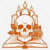 Halloween Skull Decoration SVG Vector Art A stylized vector illustration of a skull with a rose and book nearby, suggesting a Halloween theme.