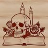 Gothic Skull Silhouette with Candle and Book A gothic-style skull with intricate details and a candle resting on its forehead, next to an open book.