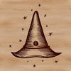 A vector illustration of a witch's hat with intricate details and magical symbols, suitable for Halloween decorations.