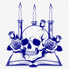 Gothic Skull Decorations with Rose & Candle A detailed illustration of a skull adorned with a rose and candle, suitable for Halloween decorations or designs.