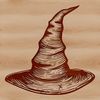 A witch's silhouette adorned with a pointy hat and surrounded by mystical elements.