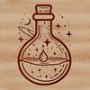 A stylized illustration of a witchcraft-themed potion bottle with mystical elements.