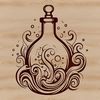 Illustration of an ornate witch's potion bottle surrounded by magical symbols and gothic elements.