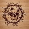 Thorned Skull Design for Halloween A stylized illustration of a skull adorned with thorns, suitable for Halloween designs and horror-themed art.