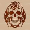 Gothic Skull Illustration with Rose Wreath A detailed illustration of a Gothic-style skull adorned with a wreath or garland featuring roses.