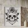 Medieval Style Skull Clip Art A medieval-style skull design featuring a rose, ideal for Halloween decorations or vector art projects.