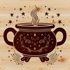 A witch's cauldron surrounded by magic potions and mysterious candles.
