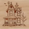 Haunted Halloween Scene Clip Art A spooky witch's hat sits atop a haunted house entrance, surrounded by cobwebs and jack-o-lanterns.