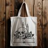 Gothic Skull with Symbolic Accents A detailed illustration of a skull surrounded by various symbols and motifs, including a book and rose.