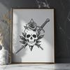 Mysterious Rose Adorned Skull A stylized illustration of a skull with a rose embedded in its forehead, symbolizing the darkness and mystery of Halloween.