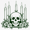 Dark Gothic Skull with Rose Illustration A detailed illustration of a skull adorned with a single rose, set against a dark background, suitable for Halloween designs.