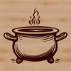 A witch's cauldron with steam rising, surrounded by mysterious candles and dark foliage, perfect for vector art designs.