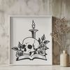 Rose Embellished Skull Illustration A decorative Gothic-style skull surrounded by a rose motif, set against a dark background.