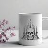 Dark Beauty Skull Silhouette A detailed illustration of a Gothic-style skull surrounded by a pair of candles, set against a dark background.