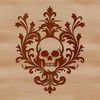 A decorative skull illustration with intricate details, suitable for various applications.