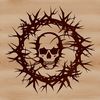 A stylized illustration of a skull with thorns surrounding it.