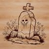 Spooky Graveyard Decorations Illustration A spooky grave stone illustration with a witch's hat and candles in the background.