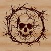 A stylized skull illustration with thorns embedded in the forehead.