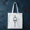 Gothic Skull Illustration with Dagger A medieval-style illustration of a skull with a dagger crossed over it, suitable for Halloween decorations or designs.