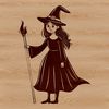 A standing witch with a broom and pointed hat casting a spell surrounded by magic candles and spider webs.