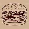 A simple design illustration of a classic hamburger with a rounded bun, beef patty, lettuce, tomato, and cheese.