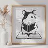 Whimsical Hamster Reading Book A cartoon hamster sitting on a cushion with a book in its paws, surrounded by a simple background.