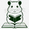 Whimsical Hamster Reading Book Clip Art A small hamster sitting on a miniature chair reading a book, suitable for clip art and vector design.