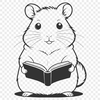 Cute Bookworm Hamster A cartoon hamster sitting in front of an open book, surrounded by books and a desk, with a thoughtful expression.