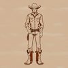 A western-style illustration of a cowboy in a traditional outfit.