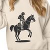 A digital illustration of a cowboy standing next to his horse, created in vector format.