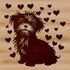 A small white dog breed sitting on its hind legs, surrounded by stylized love hearts.