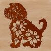 Adorable Floral Dog Silhouette A small, fluffy white dog standing on its hind legs, surrounded by a floral pattern.