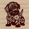 Floral Patterned Canine Clip Art A small dog with long hair and floppy ears is depicted in a serene setting surrounded by simple floral patterns.