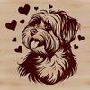 A small white dog with a curly coat and loving expression, surrounded by tiny heart shapes.