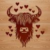 A Scottish Highland cow with heart symbols on its head, depicted as a high-quality vector image.