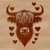 Highland Cow Love Illustration A stylized illustration of a Highland Cow's head with love hearts, suitable for vector graphics.
