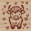 Love at First Sight Highland Cow SVG A majestic Highland cow standing in a green field with love hearts surrounding it.