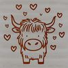 Love-struck Highland Cow in a Field A Scottish Highland cow standing in a field, surrounded by love hearts.