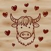 Love Heart Highland Cow Breed Illustration A large, Scottish breed cow with a distinctive set of love hearts on its head, making it a unique farm animal.