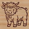 Illustration of a standing Highland Cow on a green meadow.