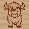 Free Downloadable Highland Cow SVG Illustration A portrait of a Highland Cow standing in a green field.