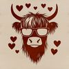 Adorable Highland Cow Wearing Sunglasses in a Field A Highland cow standing in a green field, wearing sunglasses on its head, surrounded by heart symbols.