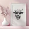 Rural Ranch Scene with Stylish Cattle A Highland cow in a rural farm setting with sunglasses on its head, depicted as a vector graphic.