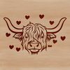 Highland Cow Clip Art SVG A highland cow with love hearts on its head, a common farm animal found in rural landscapes.